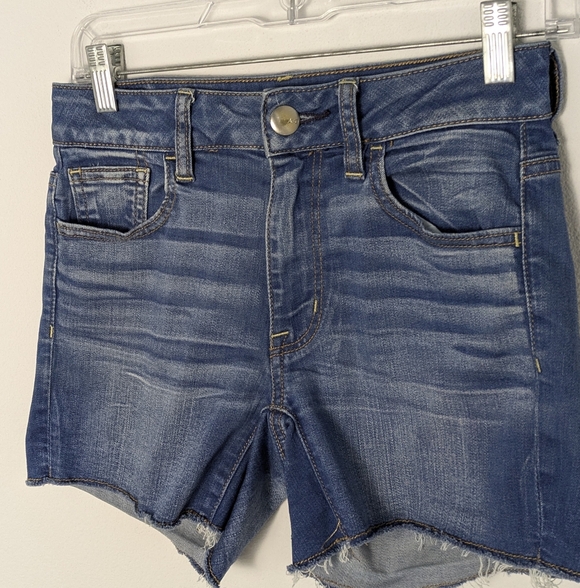 American Eagle Denim Shorts 0 Wash Blue Distressed Stretch Cuffed Women Hi Rise - Picture 3 of 12